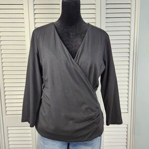 Soft Surroundings Sz Medium Gray Faux Wrap Pima Cotton Surplice 3/4 Sleeve Top